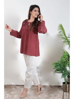 MINSH - Crimson Aura Embroidered Round Neck Maroon Top