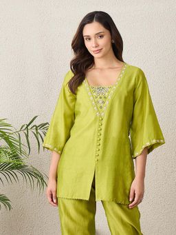 First Resort by Ramola Bachchan - Lime Green Hand Embroidered Top with Mirror Work