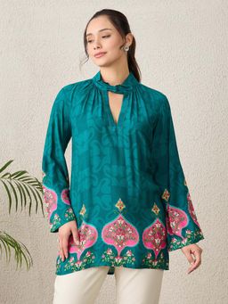 First Resort by Ramola Bachchan - Green Ethnic Motif Printed Top