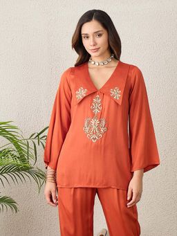 First Resort by Ramola Bachchan - Orange Embroidered Collar Top