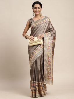 Odette - Khadi Silk Grey Printed Saree with Unstitched Blouse