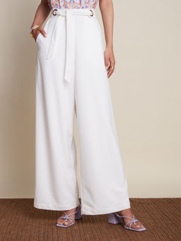 Twenty Dresses by Nykaa Fashion - Work White Solid Tie Up Wide Leg Pants