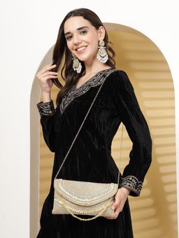 Anekaant - Adorn Champagne and Gold Stone Work Embellished Faux Silk Clutch with Detachable Chain