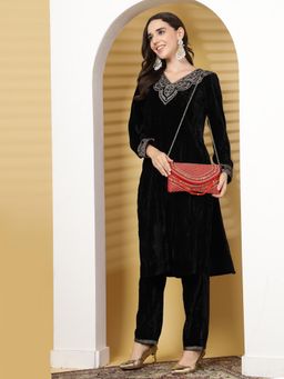 Anekaant - Adorn Red and Gold Stone Work Embellished Faux Silk Clutch with Detachable Chain