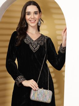 Anekaant - Adorn White and Pastel Multi Ogee Embellished Fabric Clutch with Detachable Chain