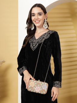 Anekaant - Adorn Pink and Pastel Multi Floral Embellished Fabric Clutch with Detachable Chain