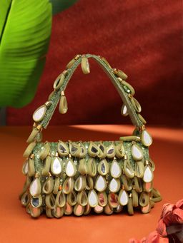 Anekaant - Tipify Olive Green and Gold Mirror Work Embellished Fabric Clutch