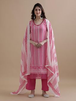 Jaipur Kurti - Pink Striped Thread Work Kurta with Pant & Mulmul Dupatta (Set of 3)
