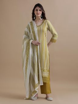 Jaipur Kurti - Mustard Striped Thread Work Kurta with Pant & Mulmul Dupatta (Set of 3)