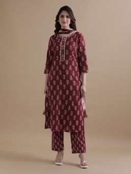 Jaipur Kurti - Maroon Floral Lace Work Kurta with Pant & Dupatta (Set of 3)