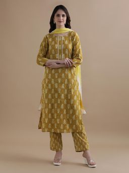Jaipur Kurti - Mustard Floral Thread Work Kurta with Pant & Dupatta (Set of 3)