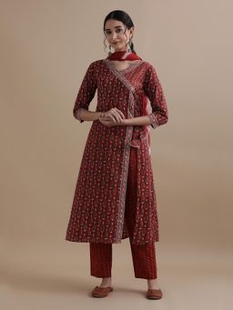Jaipur Kurti - Maroon Angarkha Floral Cotton Kurta with Pant & Dupatta (Set of 3)