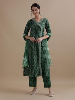 Jaipur Kurti - Green Angarkha Floral Cotton Kurta with Pant & Dupatta (Set of 3)