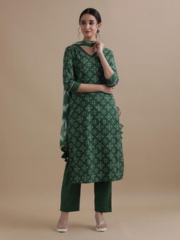 Jaipur Kurti - Green Floral Kurta with Pant & Dupatta (Set of 3)