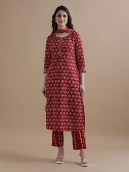 Jaipur Kurti - Red Floral Gota Work Kurta with Pant & Dupatta (Set of 3)