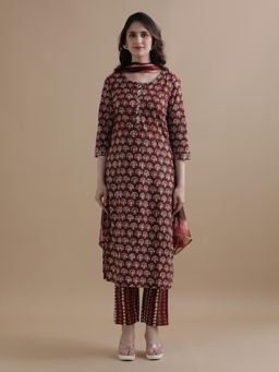 Jaipur Kurti - Brown Floral Gota Work Kurta with Pant & Dupatta (Set of 3)