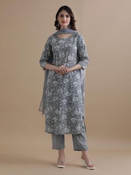 Jaipur Kurti - Grey Floral Beads & Stone Work Kurta with Pant & Dupatta (Set of 3)