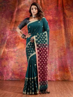 CHARUKRITI - Green Cotton Handwoven Soft Saree with Floral Border and Unstitched Blouse
