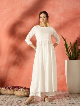 InWeave - White Solid Anarkali Kurta with Pant (Set of 2)