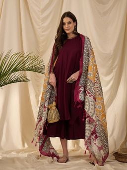InWeave - Purple Solid Kurta and Palazzo with Dupatta (Set of 3)