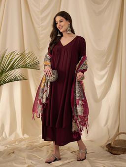 InWeave - Wine Solid Kurta and Palazzo with Dupatta (Set of 3)
