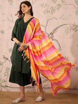InWeave - Green Stripes Kurta and Palazzo with Dupatta (Set of 3)