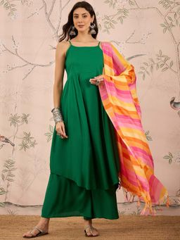 InWeave - Green Solid Kurta and Palazzo with Dupatta (Set of 3)