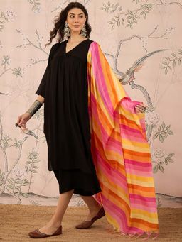 InWeave - Black Solid Kurta and Palazzo with Dupatta (Set of 3)