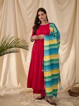 InWeave - Pink Solid Anarkali Kurta and Palazzo with Dupatta (Set of 3)