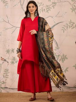 InWeave - Red Solid Kurta and Palazzo with Dupatta (Set of 3)