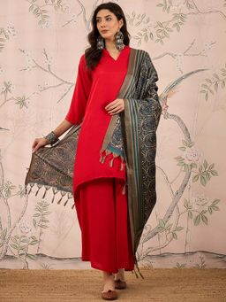 InWeave - Red Solid Kurta and Palazzo with Dupatta (Set of 3)