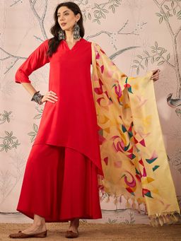 InWeave - Red Solid Kurta and Palazzo with Dupatta (Set of 3)