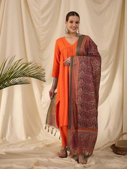 InWeave - Orange Solid Kurta and Palazzo with Dupatta (Set of 3)