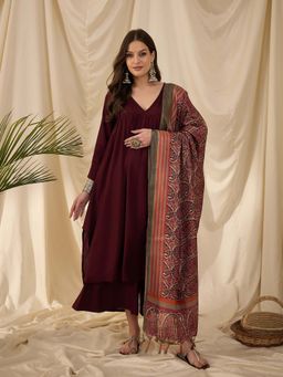InWeave - Wine Solid Kurta and Palazzo with Dupatta (Set of 3)