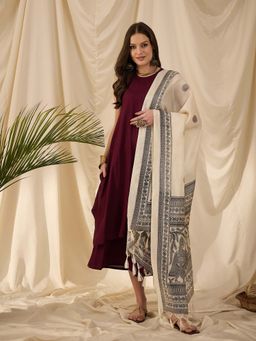 InWeave - Wine Solid Kurta and Palazzo with Dupatta (Set of 3)