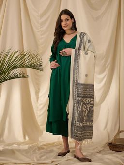 InWeave - Green Solid Kurta and Palazzo with Dupatta (Set of 3)