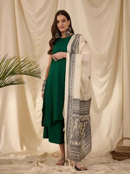 InWeave - Green Solid Kurta and Palazzo with Dupatta (Set of 3)