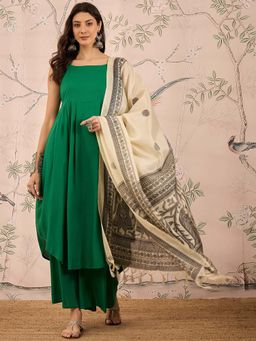 InWeave - Green Solid Kurta and Palazzo with Dupatta (Set of 3)