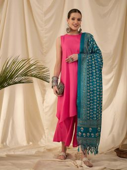 InWeave - Pink Solid Kurta and Palazzo with Dupatta (Set of 3)