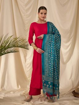 InWeave - Pink Solid Anarkali Kurta and Palazzo with Dupatta (Set of 3)