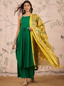 InWeave - Green Solid Kurta and Palazzo with Dupatta (Set of 3)