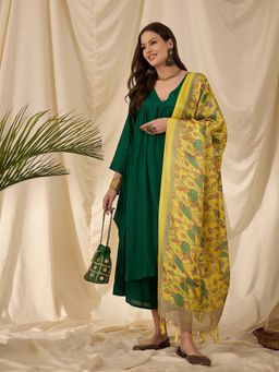 InWeave - Green Solid Kurta and Palazzo with Dupatta (Set of 3)