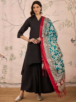 InWeave - Black Solid Kurta and Palazzo with Dupatta (Set of 3)