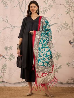 InWeave - Black Solid Kurta and Palazzo with Dupatta (Set of 3)