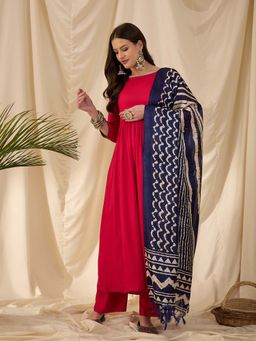 InWeave - Pink Solid Anarkali Kurta and Palazzo with Dupatta (Set of 3)