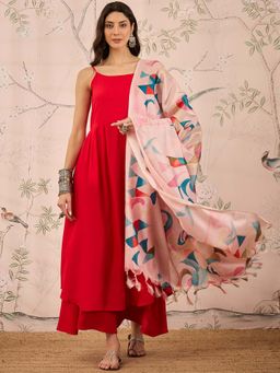 InWeave - Red Solid Kurta and Palazzo with Dupatta (Set of 3)