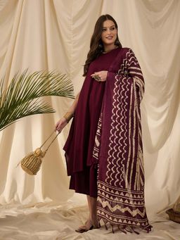InWeave - Wine Solid Kurta and Palazzo with Dupatta (Set of 3)