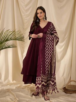 InWeave - Wine Solid Kurta and Palazzo with Dupatta (Set of 3)
