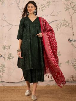 InWeave - Green Stripes Kurta and Palazzo with Dupatta (Set of 3)