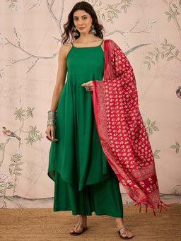 InWeave - Green Solid Kurta and Palazzo with Dupatta (Set of 3)